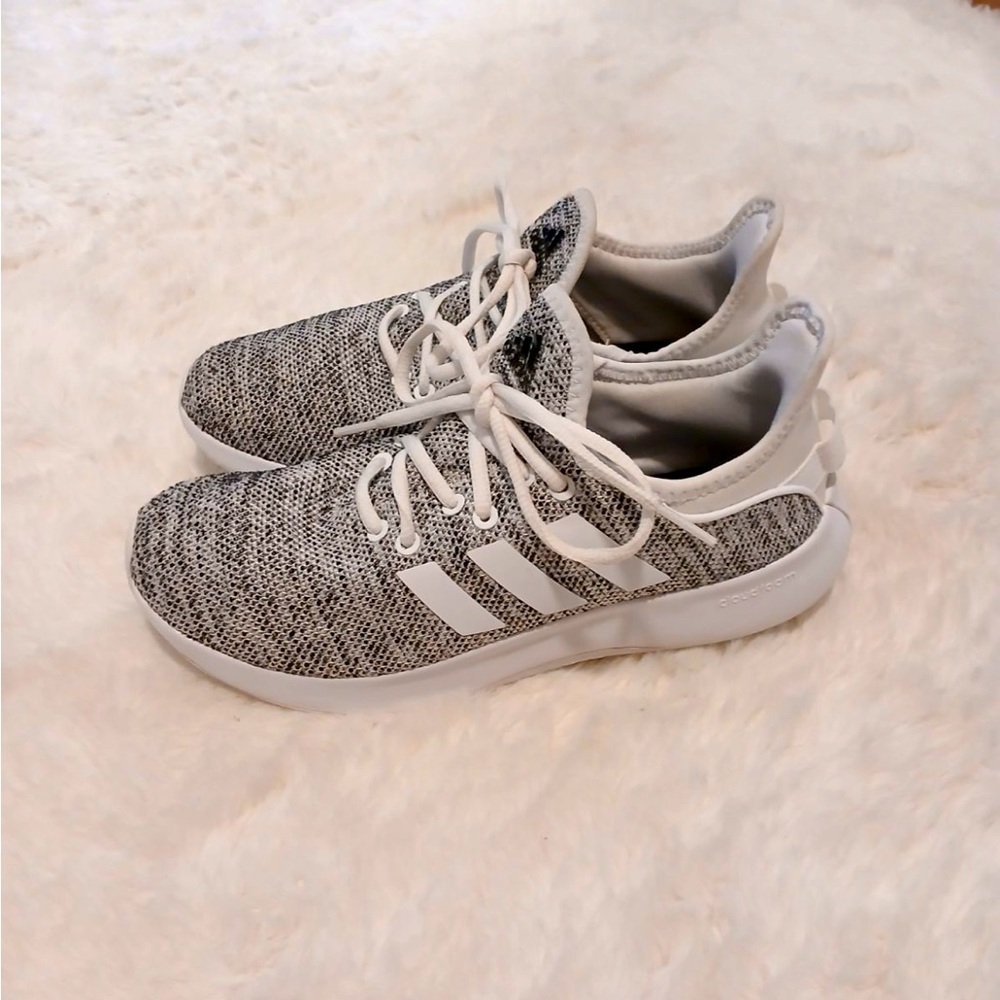 ADIDAS CLOUD FOAM, black and white knit uppers, memory foam footbed.